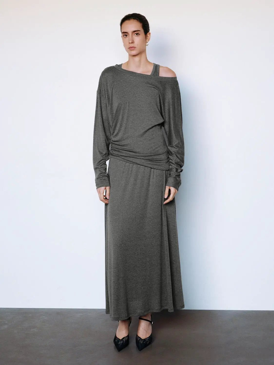 Ruched wrap crew-neck long-sleeve midi dress by Urban Revivo in gray, A-line silhouette.