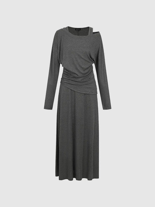 Ruched Wrap Crew Neck Long Sleeve Midi Dress