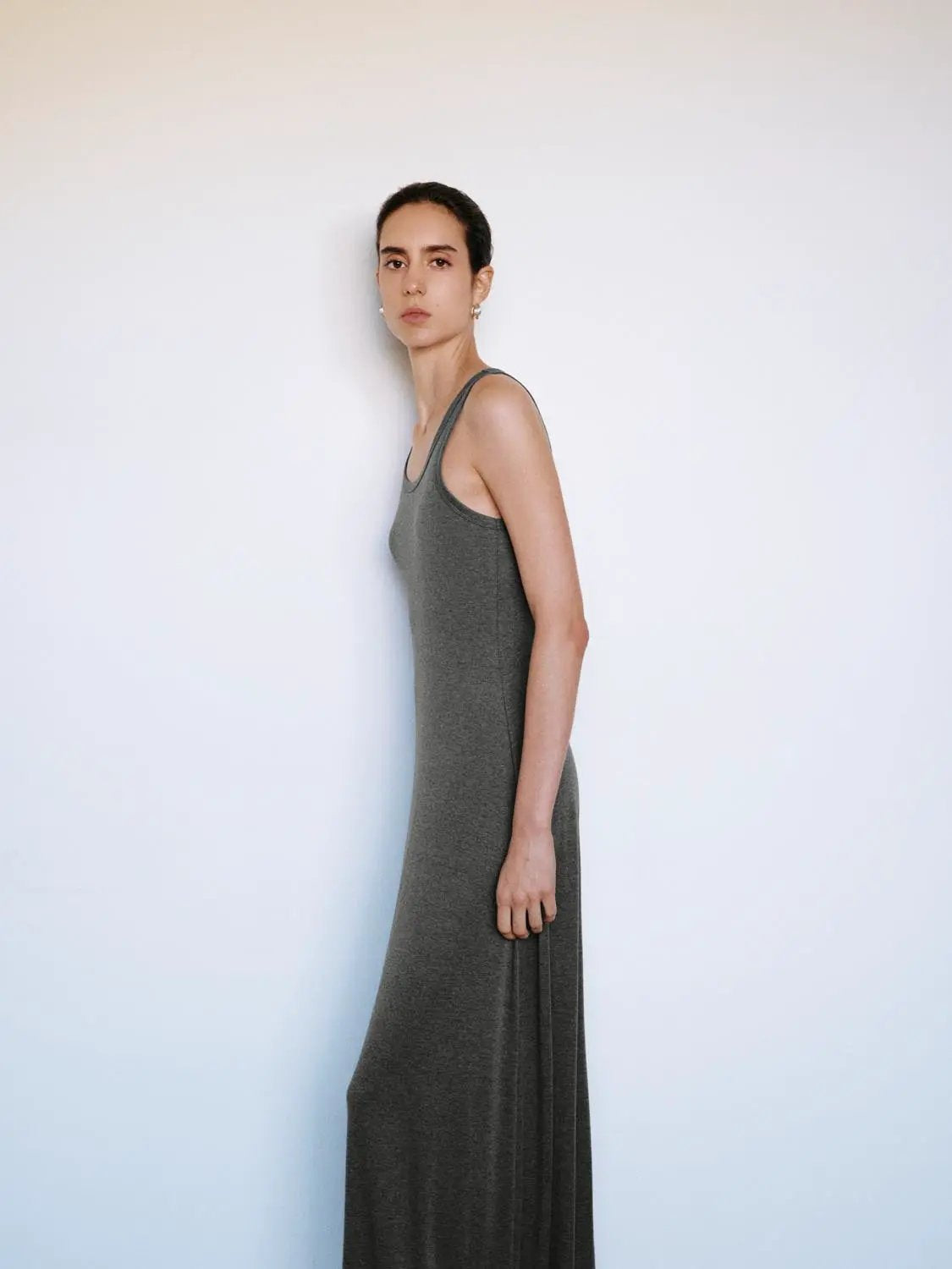 Ruched wrap crew neck long sleeve midi dress in gray knit by Urban Revivo Fashion