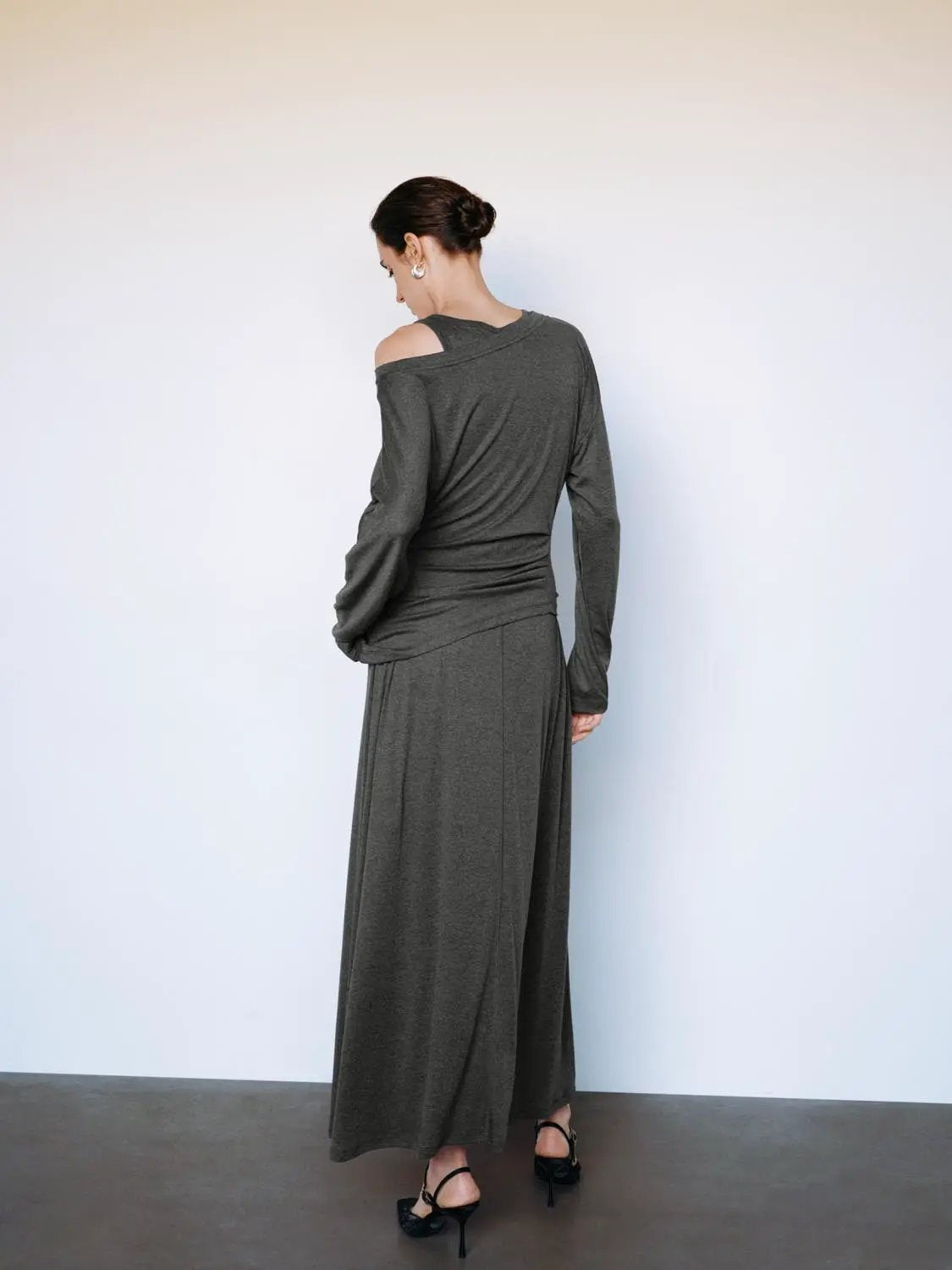 Ruched wrap crew-neck long-sleeve midi dress in charcoal gray, A-line silhouette