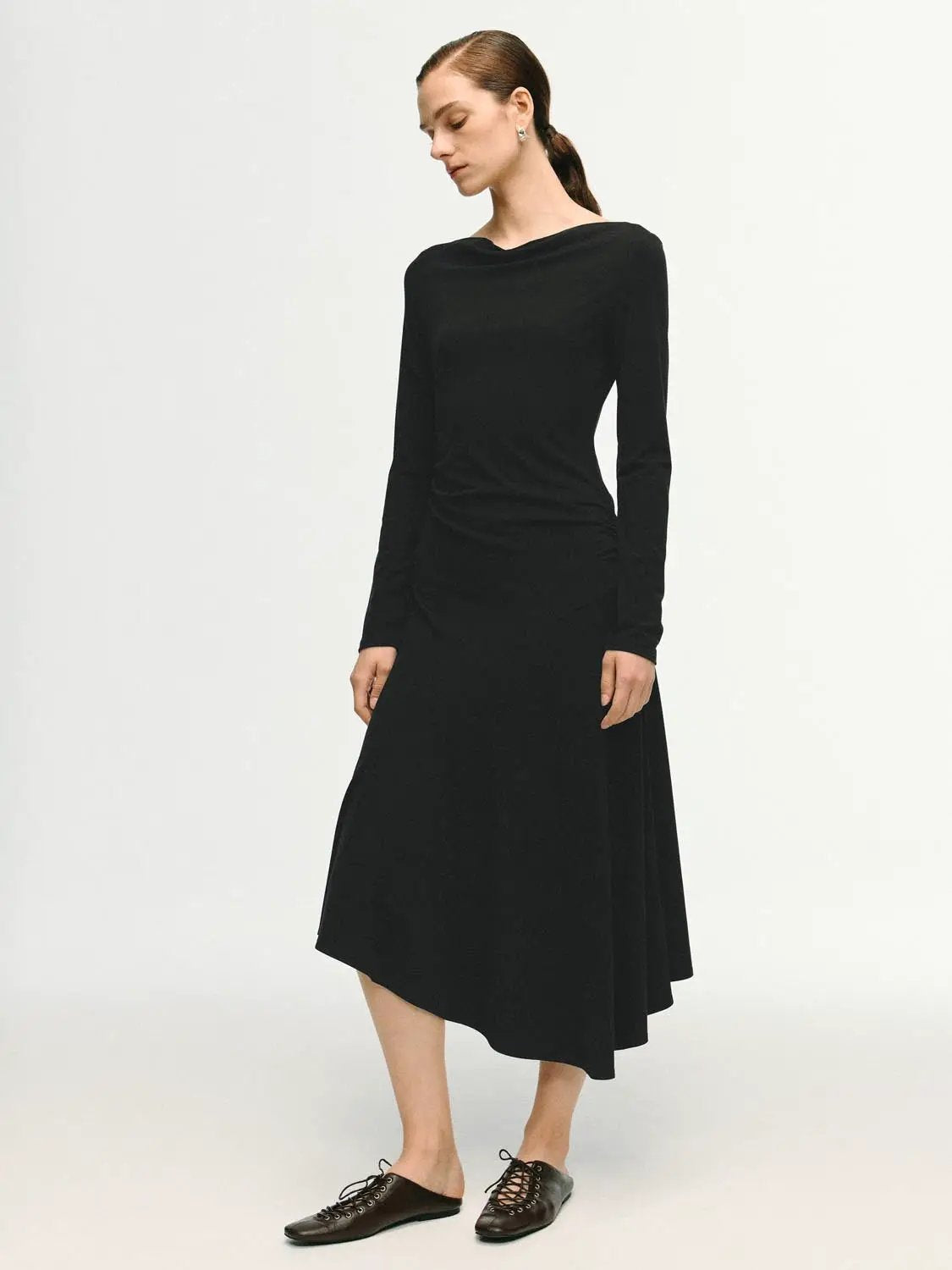 Cowl Neck Ruched Long Sleeve Asymmetric Hem Midi Dress by Urban Revivo - black, midi-length with ruched detail
