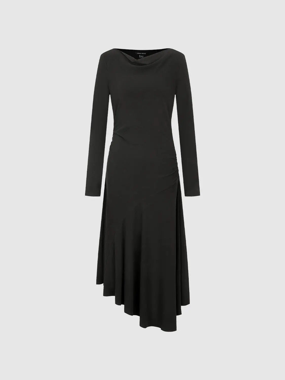 Cowl-neck ruched long-sleeve A-line midi dress in black with an asymmetric hem.