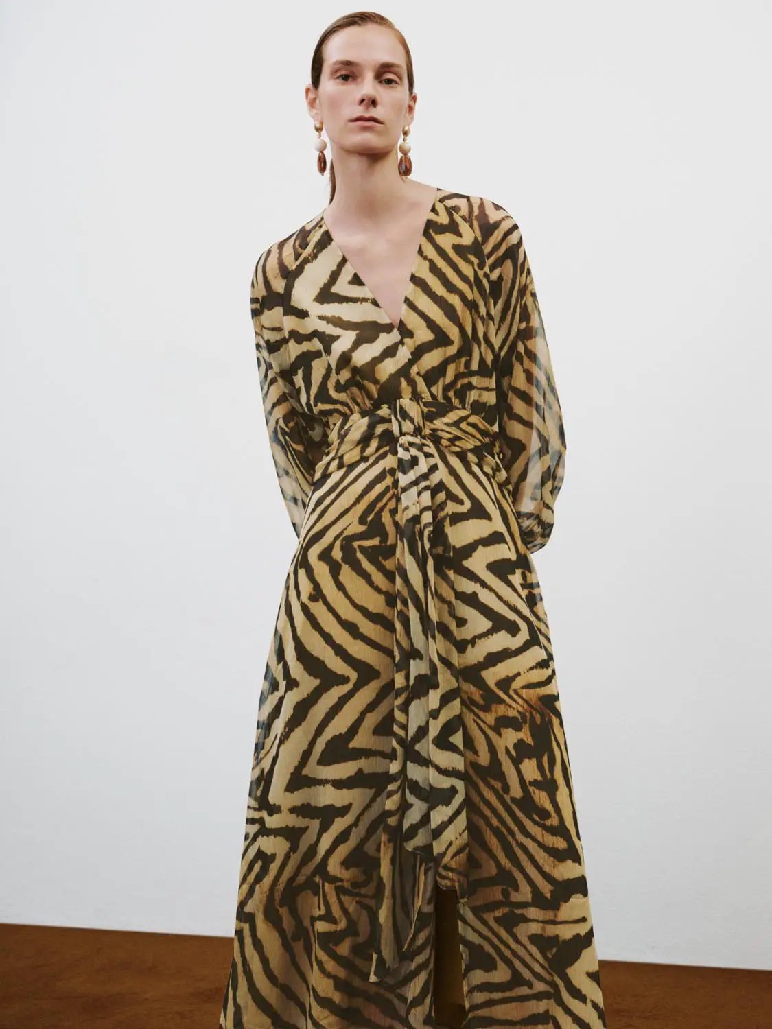 A-line dress in zebra-print, long belted wrap style by Urban Revivo Fashion.