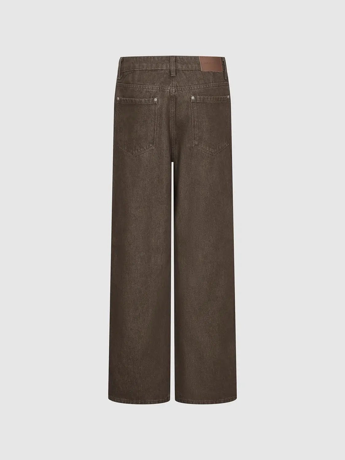 W_Jeans Urban Revivo brown high-waist wide-leg denim with contrast-stitch back pockets and a leather patch