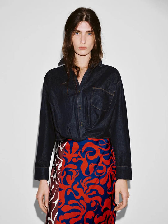 Cropped Knot Front Denim Shirts