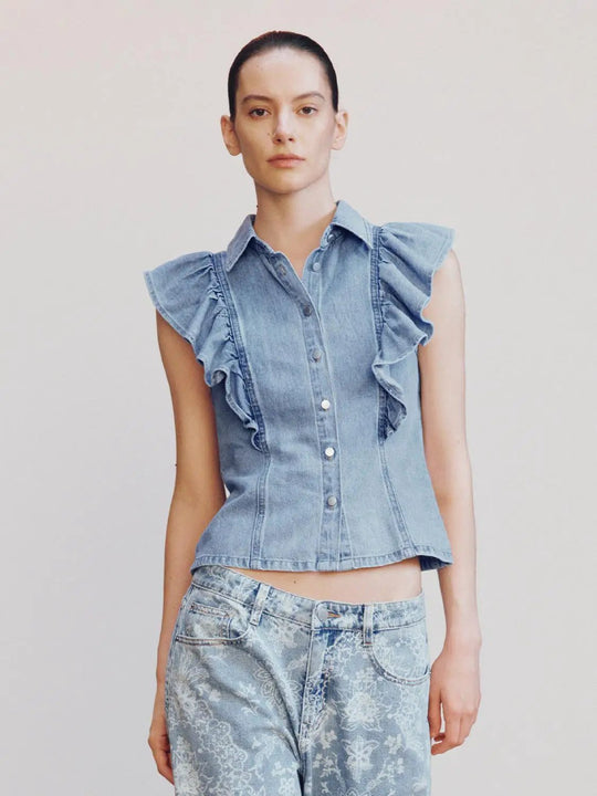 Cotton Ruffle Capped Sleeve Button Detail Shirts