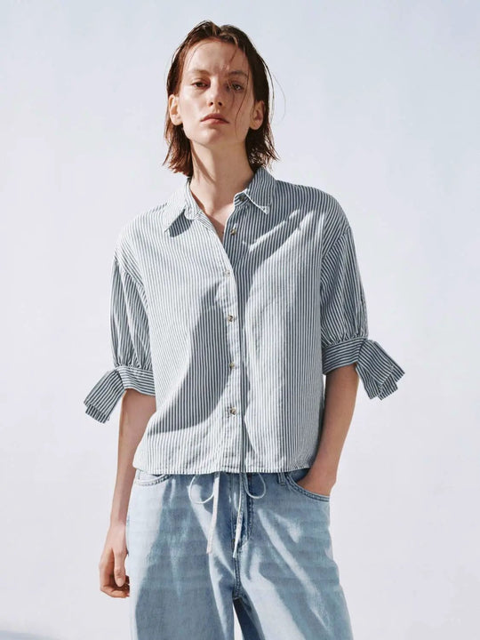 Short Sleeve Striped Denim Shirts