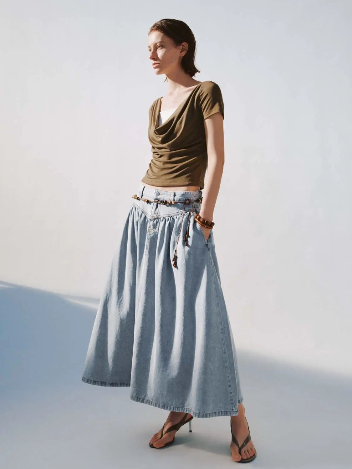 Cotton Shirring Detail Denim A-line Midi Skirt, light-wash