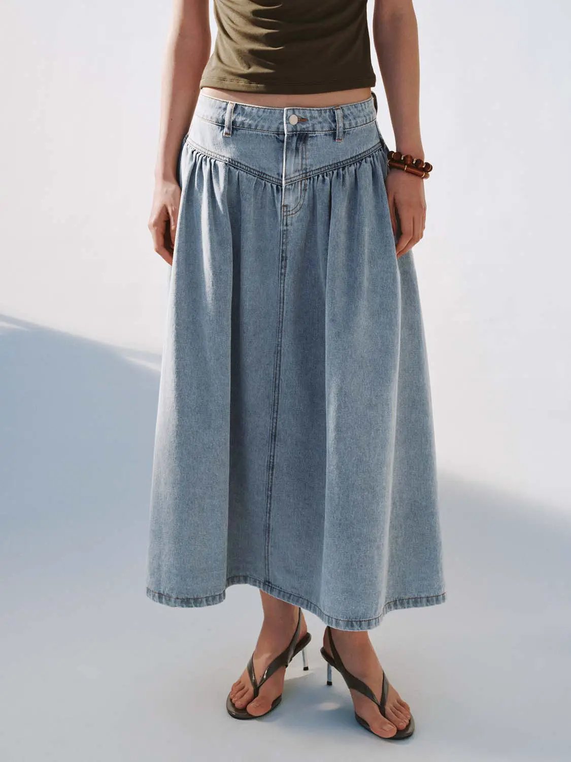 Cotton Shirring Detail Denim A-line Midi Skirt, light-wash denim, Urban Revivo Fashion