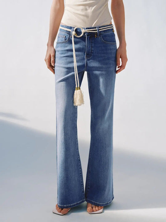 String Belt Flare Leg Jeans with Slight Stretch Denim