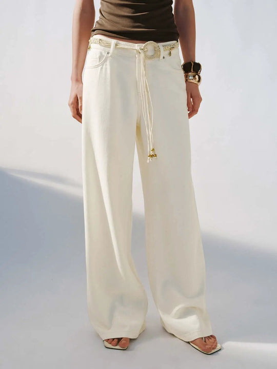 Beaded Belt Wide-Leg Cotton-Viscose Pants