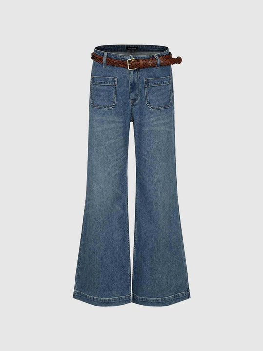 Patch-Pocket Wide-leg Denim Braided Belted Pants