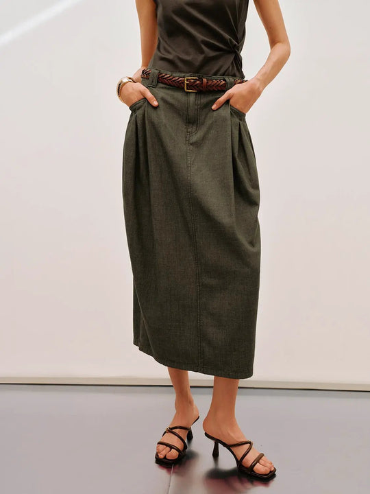 Belted Midi Casual Front Pockets Cotton Skirt
