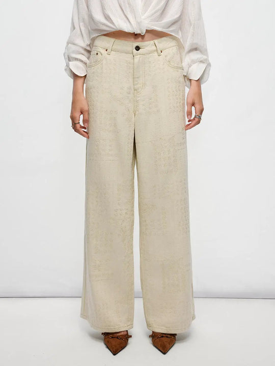 Textured Cotton Blend Wide-leg Pants
