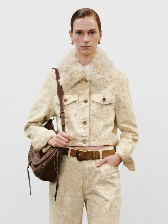 Faux Fur Collar Paisley Printed Relaxed Long Sleeve Cotton Jacket