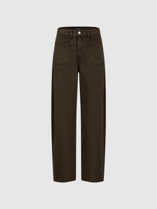 Pantaloni marroni in cotone a vita alta, testurizzati e a gamba larga