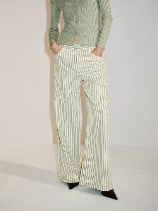 Striped Cotton Button Front Wide-leg Pants