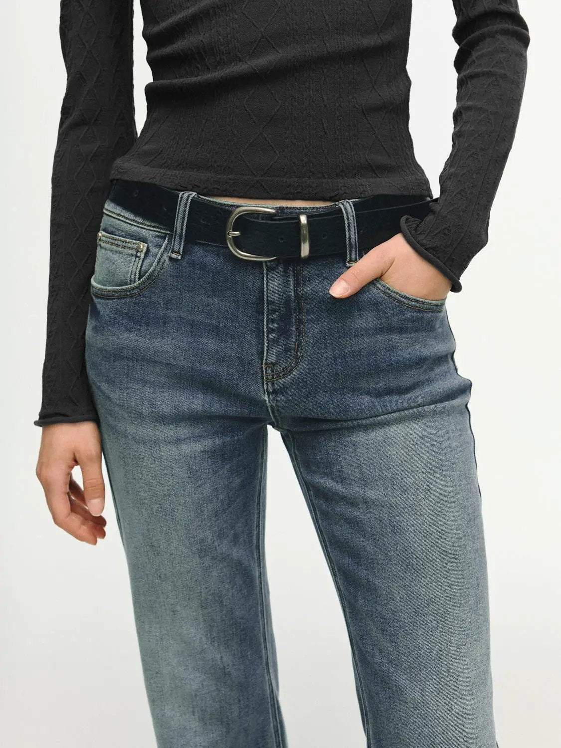 High-waisted stretch cotton-blend flare jeans, blue denim with a black belt