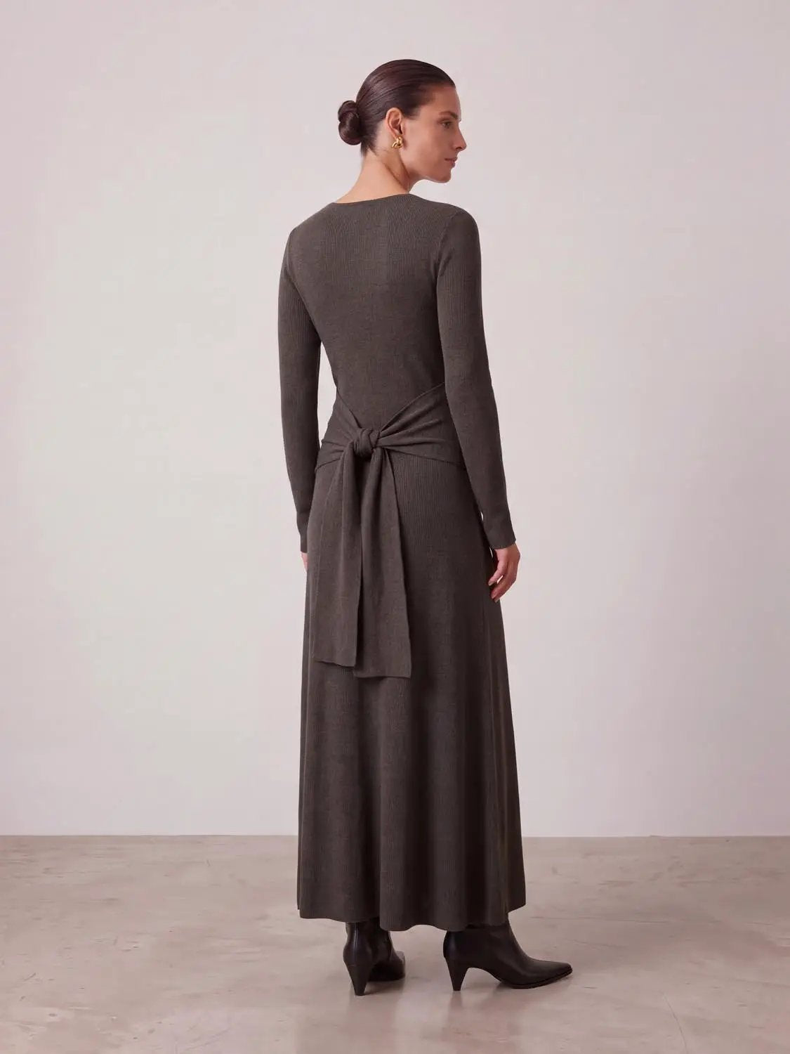 Tie-Front Knitted Dress by Urban Revivo, taupe ribbed knit maxi with back waist tie