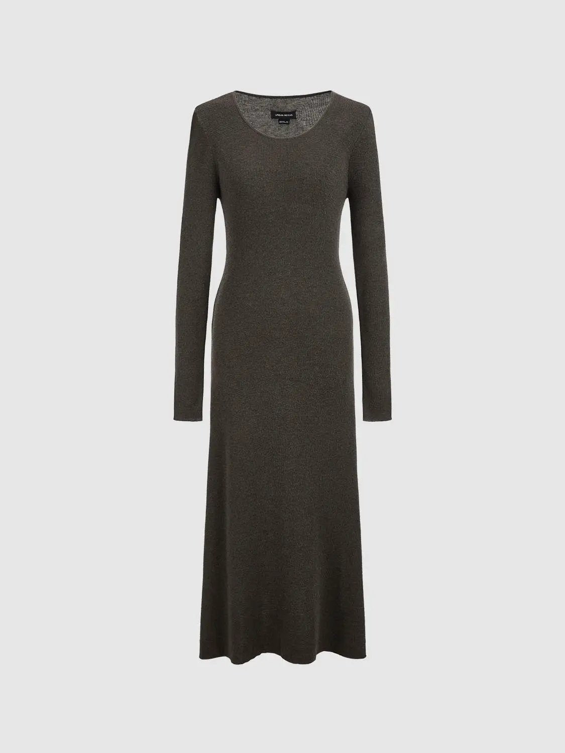 Tie-front knitted dress by Urban Revivo Fashion in dark brown knit, long-sleeve maxi.