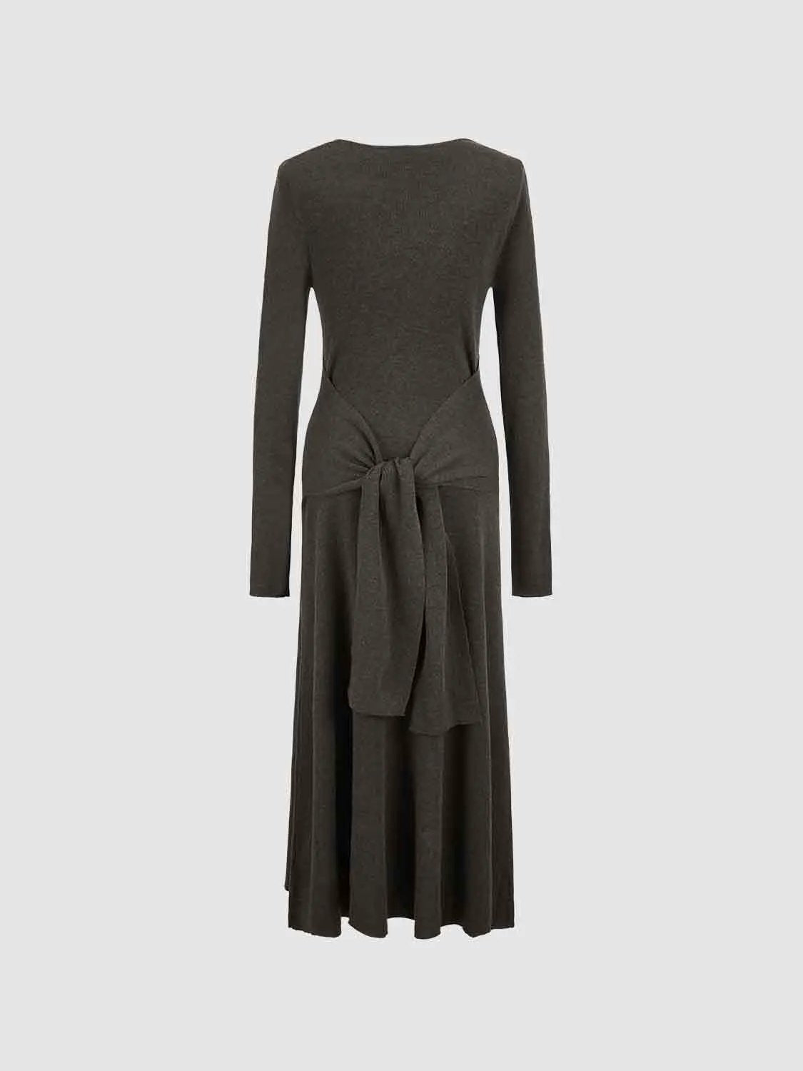 Tie-Front Knitted Dress by Urban Revivo Fashion; charcoal grey knit with waist tie and layered midi skirt.