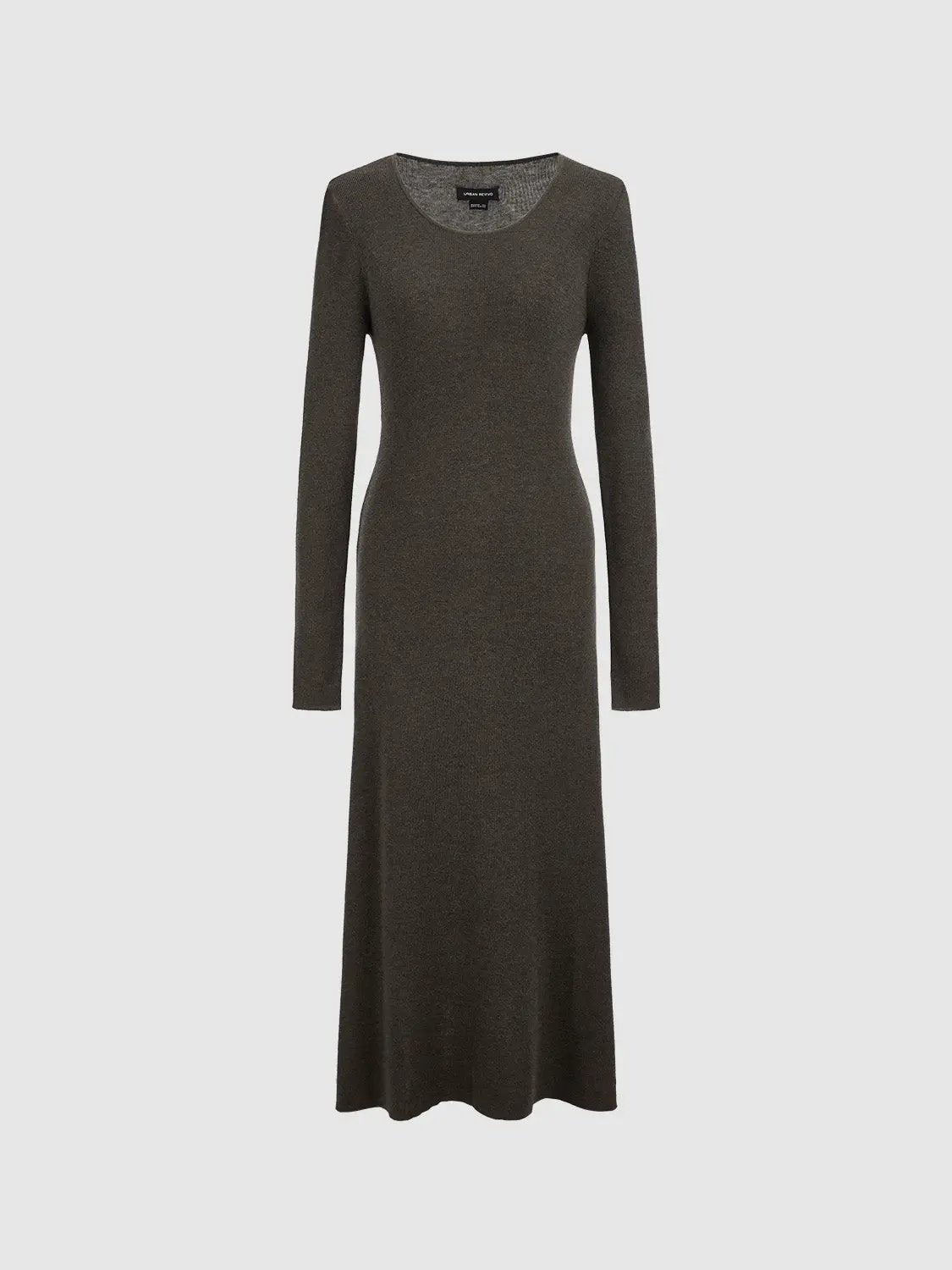 Tie-Front Knitted Dress by Urban Revivo Fashion in dark brown knit, long-sleeve maxi.