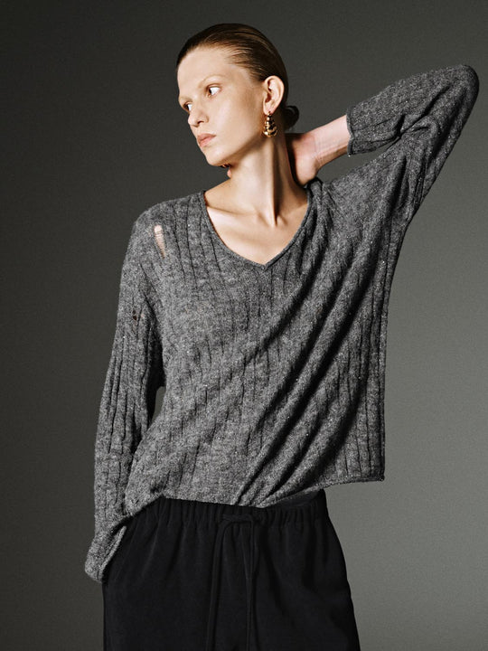 T-shirts tricotés à manches longues et col en V