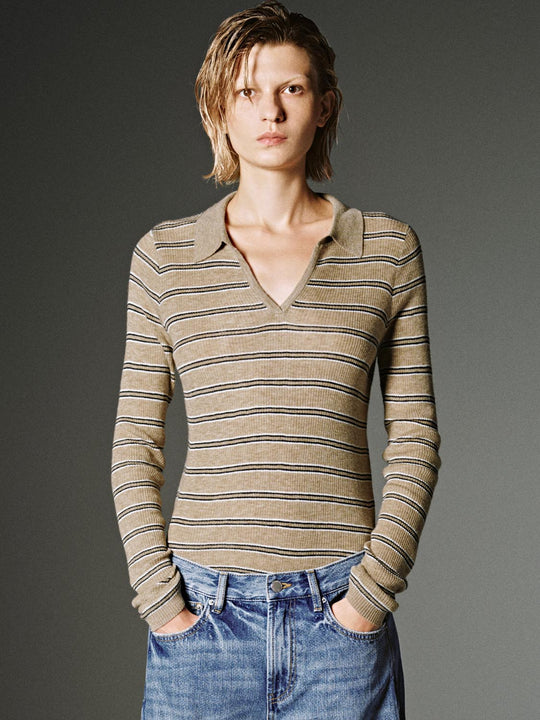 T-shirts à rayures avec col et manches longues en tricot