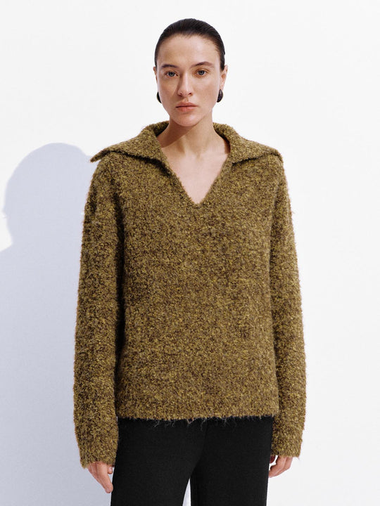 Large Collar V-Neck Long Sleeve Knitted T-Shirts