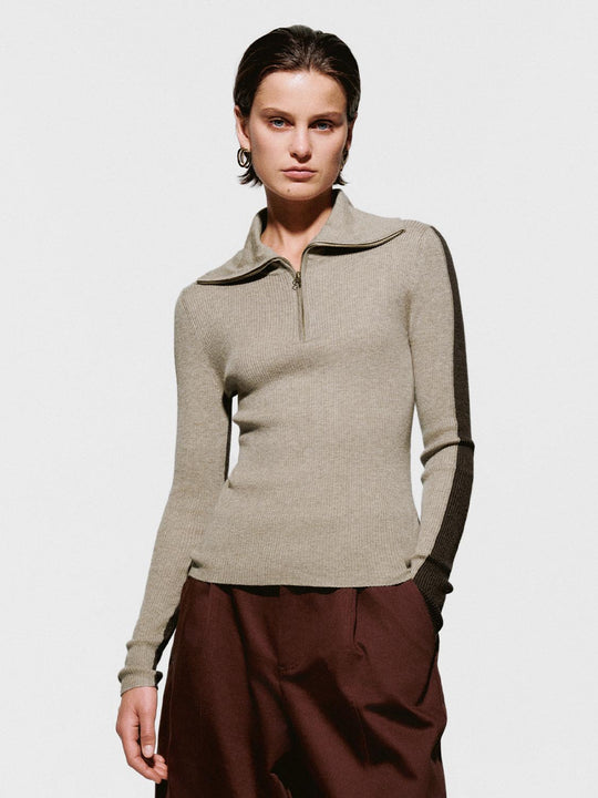 Contrast Polo Neck Long Sleeve Knitted T-Shirts