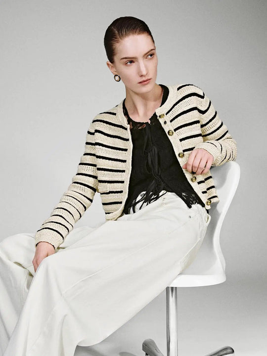 Crew Neck Striped Knitted Cardigans