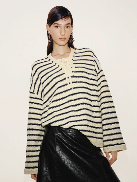 Striped Tie Neck Cotton Blend Long Sleeve Sweater