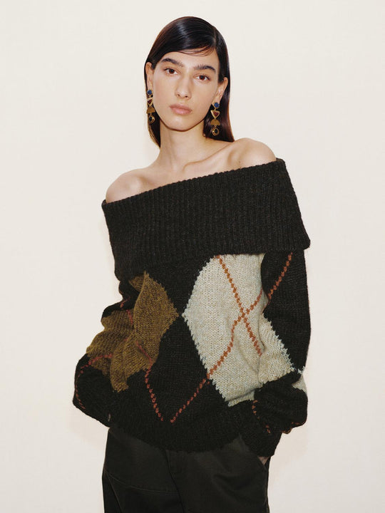 Off Shoulder Folded Argyle Long Sleeve Knitted T-Shirts