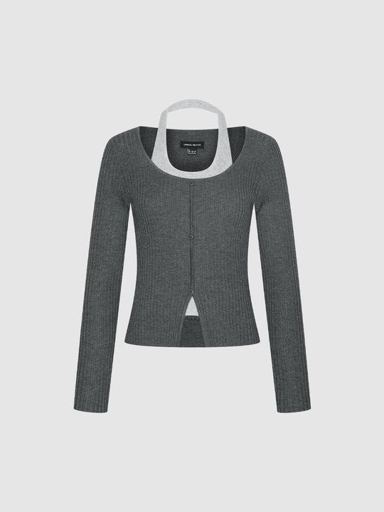 2 In 1 Scoop Neck Long Sleeve Knitted T-Shirts