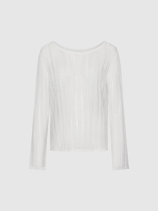 Striped Textured Knit Long Sleeve Lyocell T-shirt