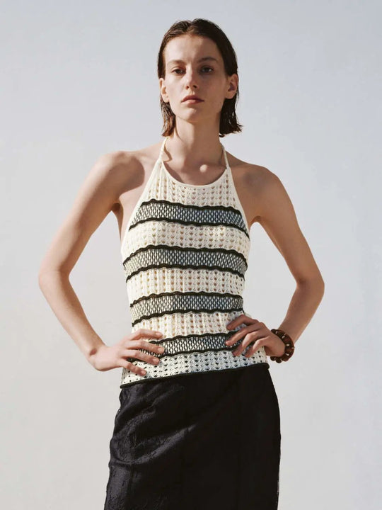 Halter Contrast Striped Knitted T-Shirts