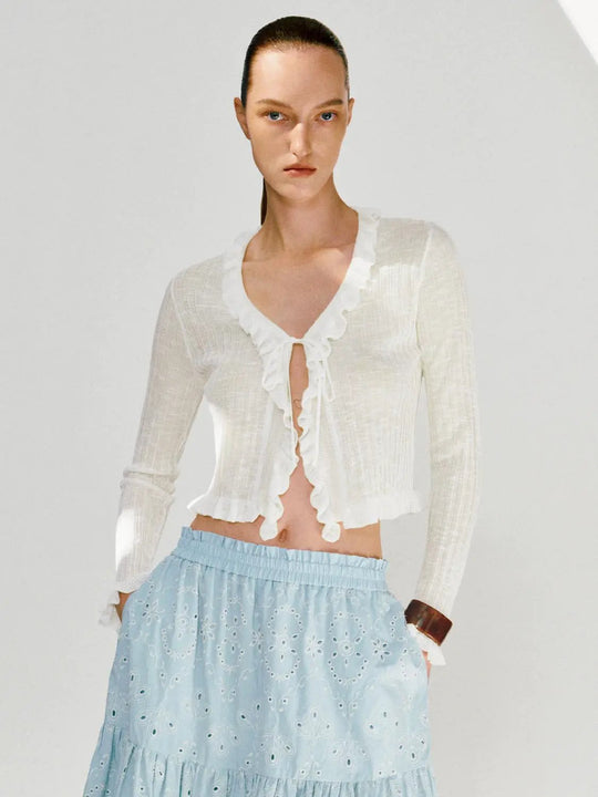 Ruffle Trim Cropped Knit Long Sleeve Cardigan