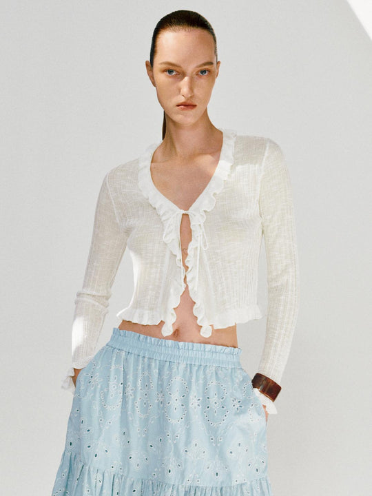 Cardigan corto in maglia a maniche lunghe con bordi arricciati