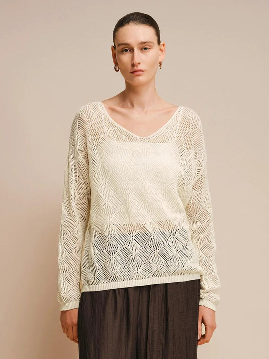 V-neck Open Knit Pattern Cotton Relaxed T-Shirt
