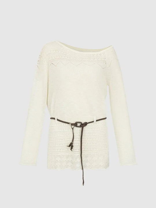 Crochet Belted Yoke Knitted Long Sleeve T-Shirts