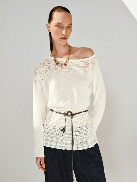 Crochet Belted Yoke Knitted Long Sleeve T-Shirt