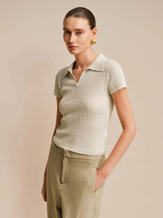 Textured Cable Knit Polo Collar Fitted Shirt