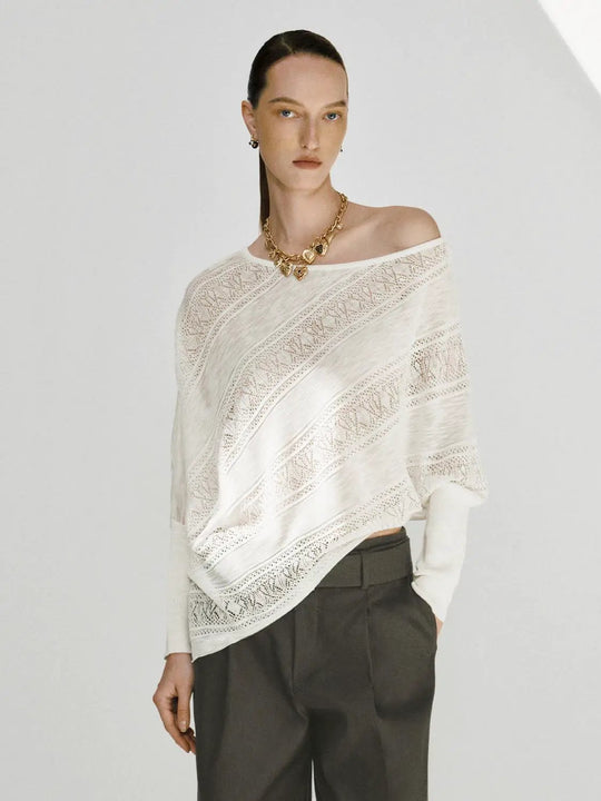 Diagonal Lace Knit Viscose Lyocell Long Sleeve T-Shirts