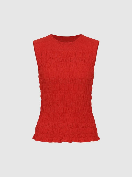 Ribbed Ruched Sleeveless Crew Neck Cotton Blend Tank Top