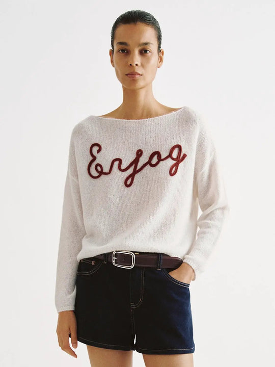 Knit Lightweight With Red Script Embroidery Sweater