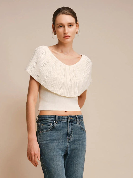 Cotton Textured Ribbed Knit Cropped Silhouette T-Shirt