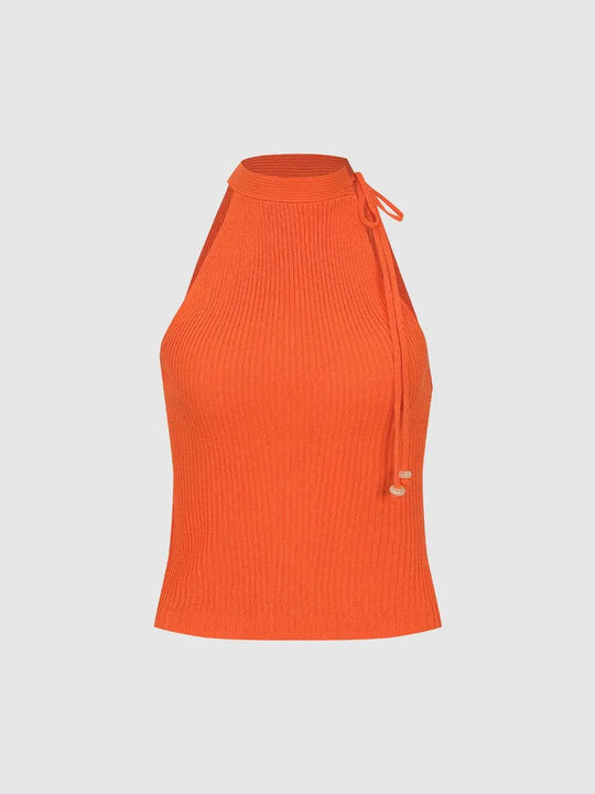 Ribbed Knit Halter Neck Side Tie Tank Top