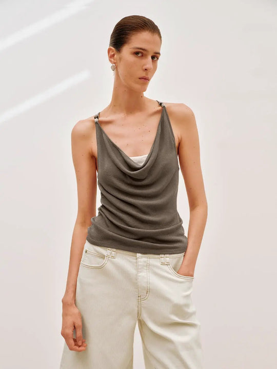 Luxuriously Draped Cowl Neck Knit With Slim Straps Tank Top