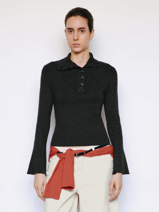 Ribbed Button Front Flared Mock Neck Long Sleeve Sweater