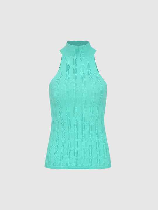 Tanktop aus strukturiertem Baumwollstrick mit Zopfmuster und hohem Ausschnitt